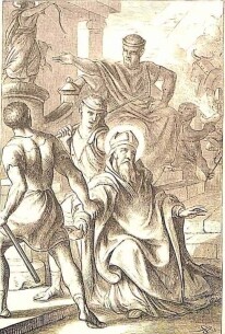 Der heilige Bischof Antipas wird von den römischen Schergen mit Gewalt hinweg geschleift.