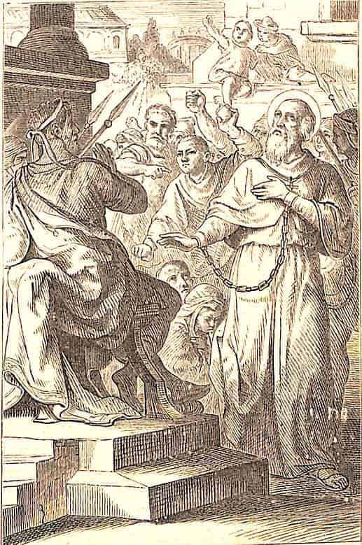 Der heilige Basilius steht, an beiden Händen angekettet, vor dem Präfekten, hinter ihm sind Anhänger des Arianismus.