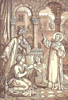 Der heilige Bernhard von Alzira steht im Mönchsgewand vor seinem Bruder und seinen zwei Schwestern in seiner morgenländischen Heimat.