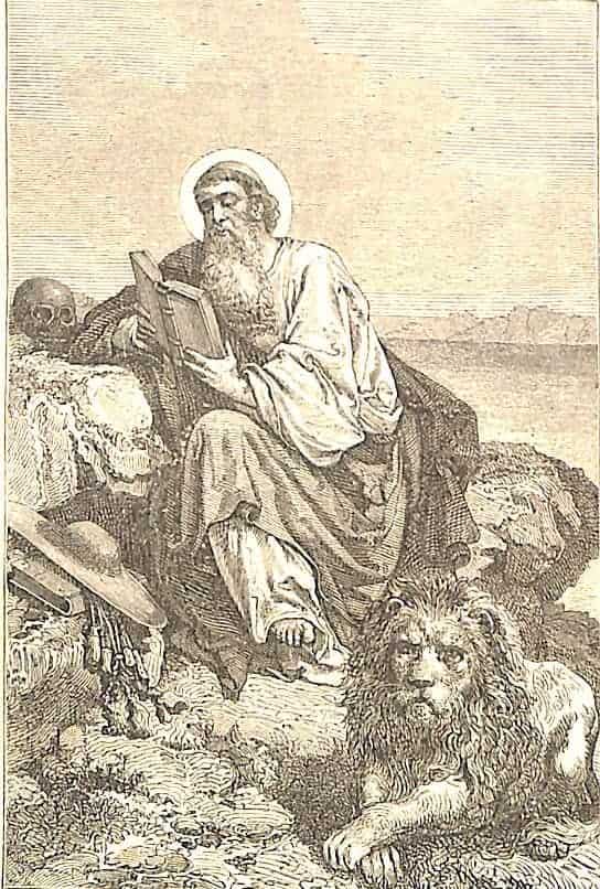 Der heilige Kirchenlehrer Hieronymus sitzt auf einem Berg auf einem Felsen, ein Buch in der Hand, in dem er liest.