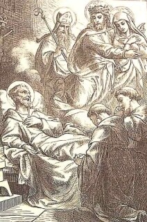 Der heilige Nikolaus von Tolentino liegt sterbend auf seinem Bett, zwei Mönche knien zu seinen Füßen.