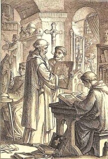 Der heilige Notker steht im Arbeitsraum des Klosters und betrachtet ein Bild seines Mitbruders.