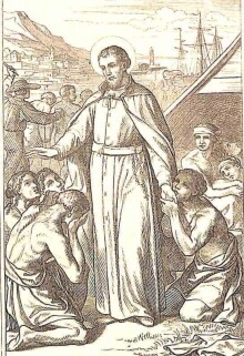 Der heilige Petrus Claver steht umringt von Negersklaven und gibt ihnen Trost und Segen; im Hintergrund sieht man eine Sklaventreiber mit der Peitsche