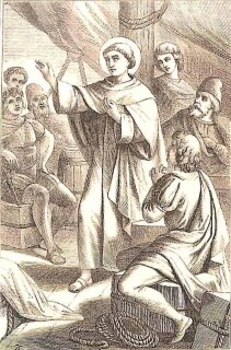 Der heilige Petrus Gonzales steht auf einem Schiff und predigt den Mitreisenden