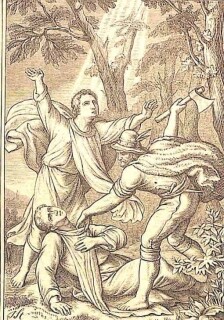 Ein Mörder, der den heiligen Petrus von Verona aus dem Hinterhalt überfällt, um ihn zu töten, hält ein Beil in der Hand.