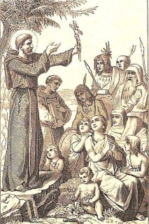 Der heilige Franziskus Solanus, Apostel von Peru, steht vor den Indianern, hält ein Kruzifix hoch und predigt den Eingeborenen das Evangelium.