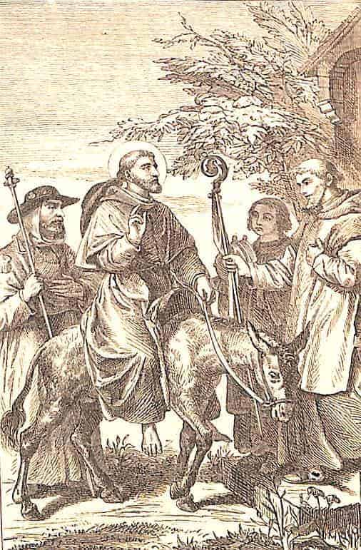 Der heilige Bischof Willibald reitet auf einem armseligen Pferdchen und begrüßt den Abt eines Klosters