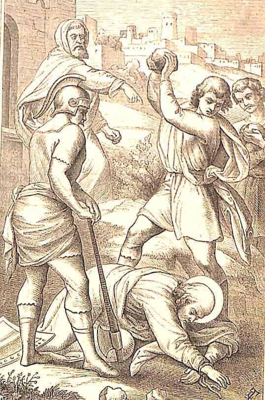 Der heilige Apostel und Märtyrer Matthias liegt am Boden, er wird von einem jungen Mann gesteinigt.