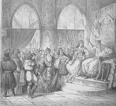 Der heilige König empfängt eine Delegation einschließlich des Bischofs und gibt sein Testament bekannt