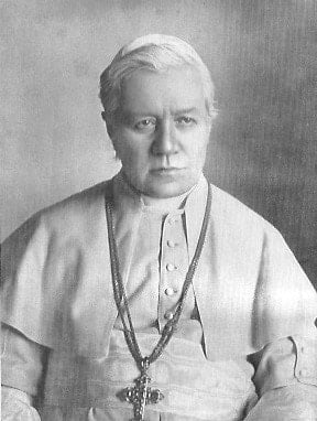Ein Porträt von Papst Pius X.; er ist in weißer päpstlicher Kleidung zu sehen, er trägt ein schönes Kreuz und schaut ernst, aber fest entschlossen