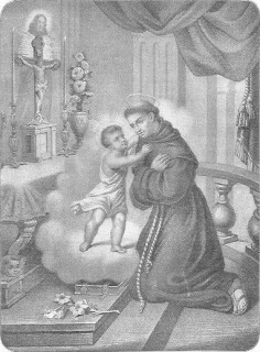 Der heilige Antonius von Padua kniet in seinem Mönchsgewand auf den Stufen des Altares, die Arme über Kreuz.