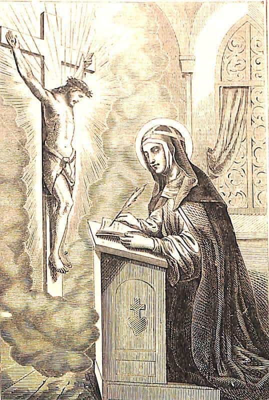 Die heilige Birgitta kniet auf ihrem Bet- und Schreibpult, eine Schreibfeder in der rechten Hand, mit der sie schreibt.