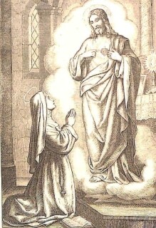 Die heilige Margaretha Maria Alacoque kniet vor Jesus, der ihr erscheint und auf sein heiligstes Herz weist