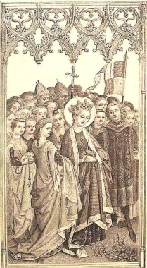 Die heilige Ursula steht in ihrem Königsgewand, umringt von ihren Begleiterinnen, die alle als Märtyrerinnen sterben werden.