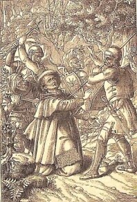 Der heilige Engelbert wird im Wald von Soldaten, die aus dem Hinterhalt kommen, überfallen und erschlagen