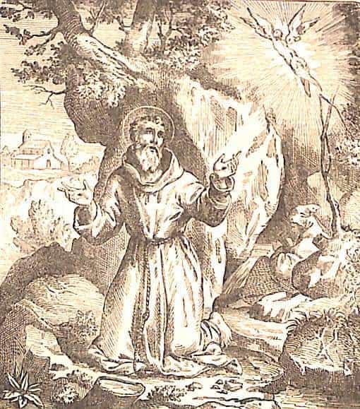 Der heilige Franz von Assisi kniet in seinem Ordenshabit auf einem steinigen Bergweg.