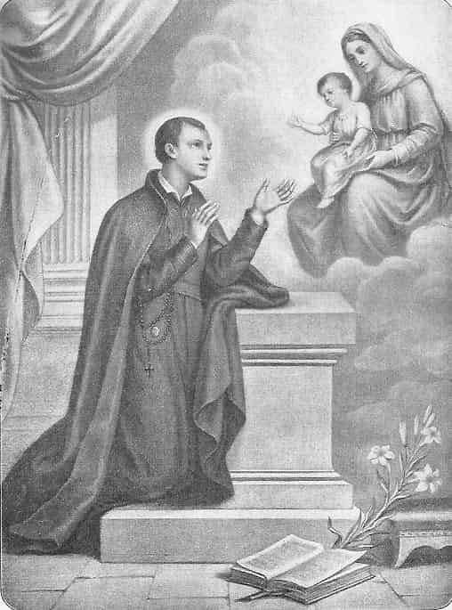 Der heilige Stanislaus kniet am Betpult, die Arme leicht erhoben, und schaut auf die Muttergottes, die mit dem Jesuskind ihm erschienen ist.