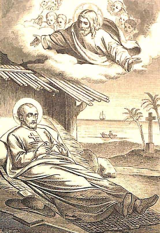 Der heilige Franz Xaver aus dem Jesuitenorden liegt zum Sterben bereit auf seiner Matte in der Südsee, wo er als Missionar tätig war.