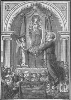 Der heilige Alphons von Liguori schwebt in der Luft, den Blick auf die Gottesmutter gerichtet.