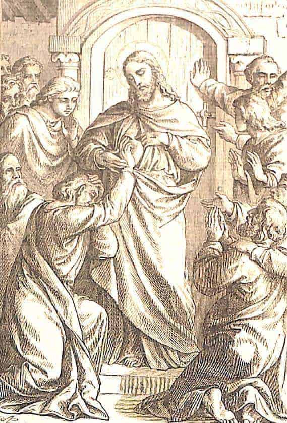 Der Apostel Thomas kniet vor dem auferstandenen Jesus und fasst in die Seitenwunde des Heilandes.