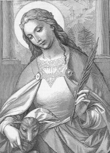 Die heilige Agnes sitzt vor einer Art Fenster, in der linken Hand eine Feder, rechts neben sich sitzt ein Lämmlein, das sie mit ihrem Arm umfaßt