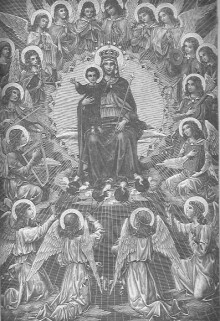Maria sitzt als Königin mit dem Jesuskind, das steht und Hände ausgebreitet hat; sie sind umgeben von Engeln, die ihr und ihrem Kind huldigen