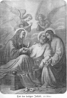 Der heilige Joseph liegt im Sterben; Jesus hält ihn gestützt und Maria auf der anderen Seite hält seine Hand; über ihm schweben zwei Engel