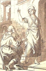 Die heilige Zita, Dienstmagd ihres Standes, steht vor einem Bettler, der vor ihr sitzt und sie um ein Almosen bittet 