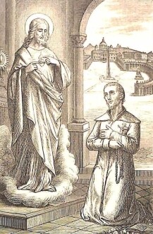 Der heilige Benedikt Labre kniet vor Jesus, der auf einer himmlischen Wolke steht und auf Sein Herz zeigt