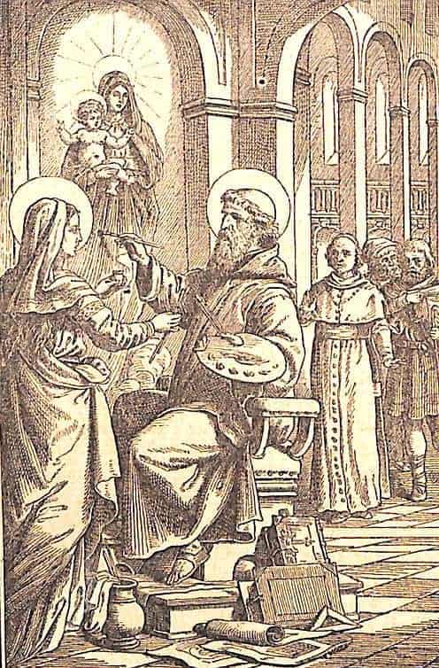 Der selige Mönch Tutilo sitzt im Kloster auf einem Stuhl vor einem Bild und malt die Muttergottes Maria.