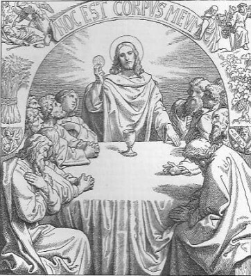 Die Einsetzungsworte beim letzten Abendmahl: Jesus zeigt die geweihte Hostie seinen Jüngern