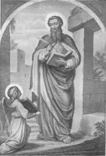 Der heilige Matthäus steht mit einem Buch und einer Feder in der Hand, vor ihm kniet ein Engel, der ihm ein aufgeschlagenes Buch hinhält