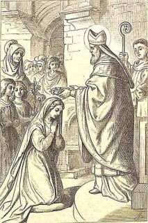 Der heilige Medardus setzt einer Jungfrau einen Rosenkranz auf das Haupt.