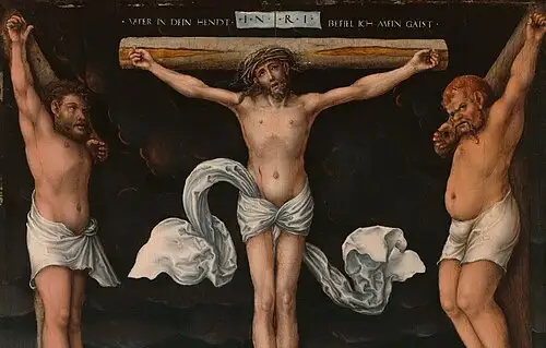 Bekehrung des guten Schächers am Kreuz: Jesus mit den beiden Schächern