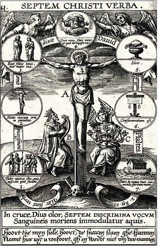 Christus am Kreuz Vater verzeihe ihnen: Sieben Worte Christi am Kreuz, Illustration, Niederlande, 17. Jahrhundert