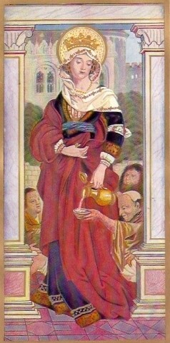Die heilige Elisabeth von Thüringen in standesgemäßer Kleidung gießt aus einem Krug ein Getränk in eine Schale, die ein armer Mann hinhält.