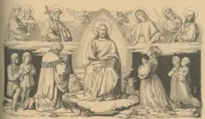 Jesus mit seinen Heiligen, links die Männer, rechts die Frauen