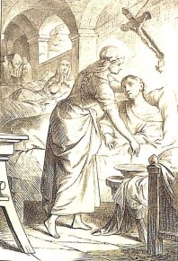 Die heilige Radegunde pflegt die Kranken im Spital.