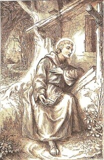 Der heilige Karmelit Johannes vom Kreuz sitzt vor seiner Einsiedelei, ein Buch auf dem Schoß, und auf Gott vertrauend duldet er die Schmach