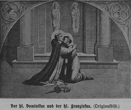 Die zwei heiligen Ordengründer Dominikus und Franziskus kniend und in Umarmung