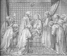 Arm und demütig, aber schön, wie sie stets gewesen, sitzt Maria im ärmlichen Bettlein, in ihr einfaches Gewand gehüllt; die Apostel stehen bzw. knien vor ihrem Bett, während einer der Apostel Maria den Leib des Herrn reicht, bevor sie entschläft und dann mit Leib und Seele in den Himmel aufgenommen wird