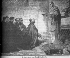 Gründung des Jesuitenordens: Der heilige Ignatius von Loyola kniet vor dem Papst, der ihm die Gründungsbulle überreicht; der Papst steht vor dem Altar; die fünf weiteren Mitglieder des Ordens knien hinter dem heiligen Ignatius