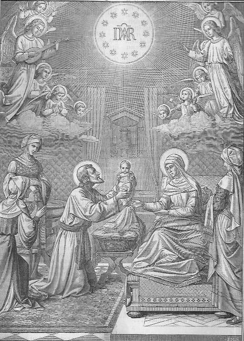 Die heilige Anna sitzt in ihrem Bett und hält die Hände zum Empfang ihres Kindes hin; der hl. Vater Joachim übergibt ihr das Kind Maria.