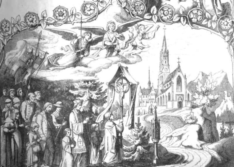 Eine Prozession christgläubiger Katholiken zu einem Gnadenort der Muttergottes Maria