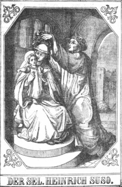 Seliger Heinrich Suso Dominikaner: er hat einen Blumenkranz in der Hand, den er der Gottesmutter mit ihrem Jesuskind auf ihr Haupt setzt