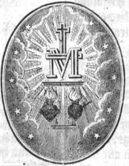 Auf dieser Seite der Medaille ist der Buchstabe M, auf welchem ein Kreuz steht, darunter die heiligen Herzen Jesu und Mariä