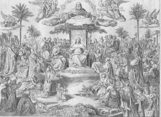 Die heiligste Dreifaltigkeit, Gott Vater, Heiliger Geist als Taube und Christus auf dem Thron, umgeben von Engeln und von Heiligen.