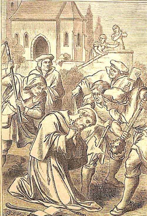 Der heilige Fidelis kniet auf dem Boden, das Kreuz mit beiden Händen umfassend, vor den Calvinisten, die ihn bedrohen und umbringen wollen.