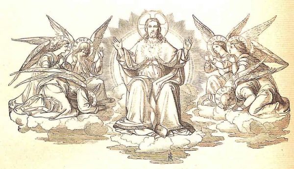 Christus sitzt in der Mitte, beide Hände ausgebreitet, so dass die Wundmale zu sehen sind; auf Seiner Brust ist Sein heiligstes Herz zu sehen.