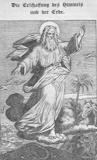 Gott Vater, auf einer Wolke stehend, erschafft die Tiere, man sieht die Vögel am Himmel, ein Pferd und eine Palme sind auch zu sehen.
